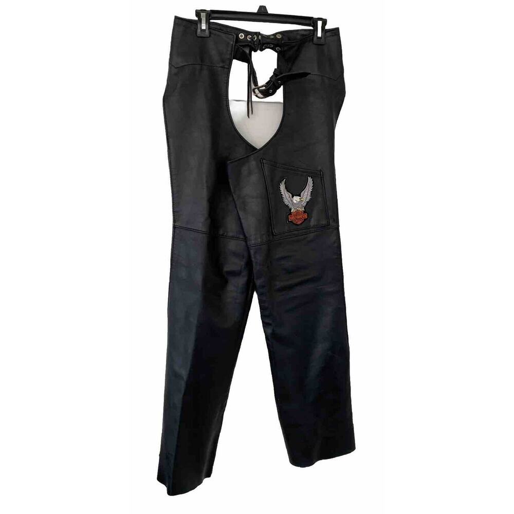 Vintage Silver Eagle Leather Biker Chaps Made USA Size Large With Patches Belted